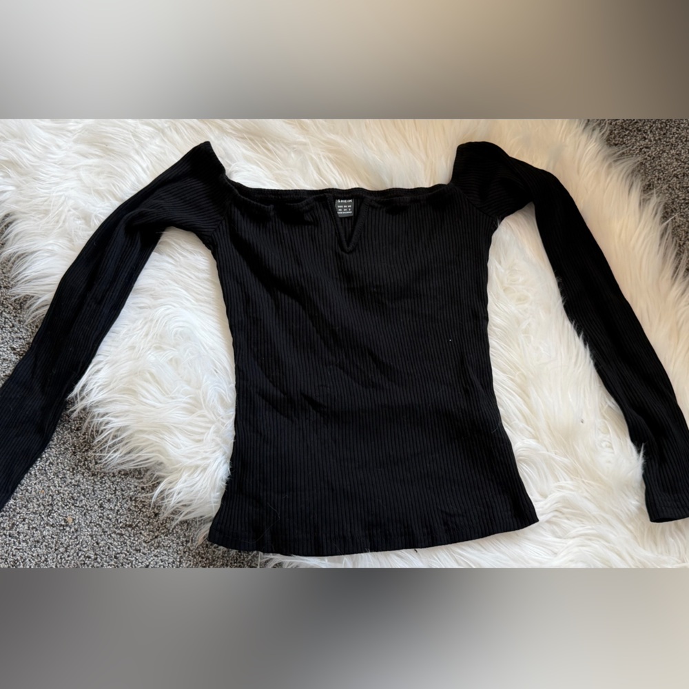 SHEIN Black Ribbed Off-Shoulder Long Sleeve Top
